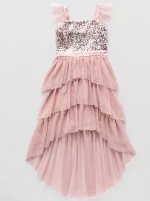 New Girls Pink Sequin High-Low Layered Tulle Dress